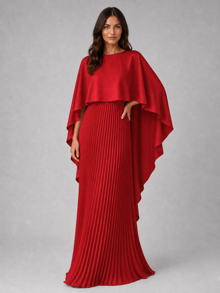 Women’s Pleated Maxi Dress with Cape Sleeves — Red