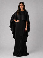 Women’s Pleated Maxi Dress with Cape Sleeves — Black