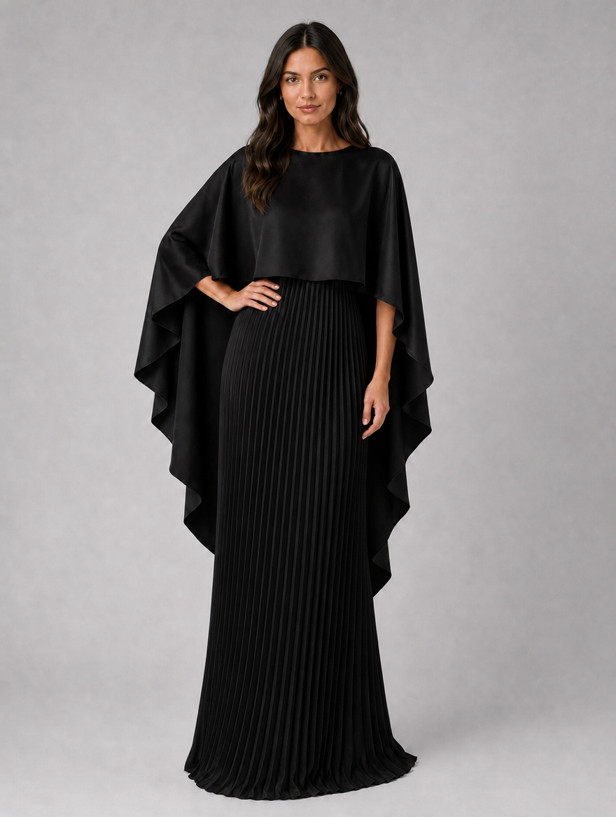 Women’s Pleated Maxi Dress with Cape Sleeves — Black