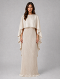 Women’s Pleated Maxi Dress with Cape Sleeves — Cream