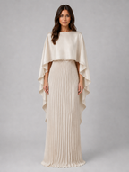 Women’s Pleated Maxi Dress with Cape Sleeves — Cream