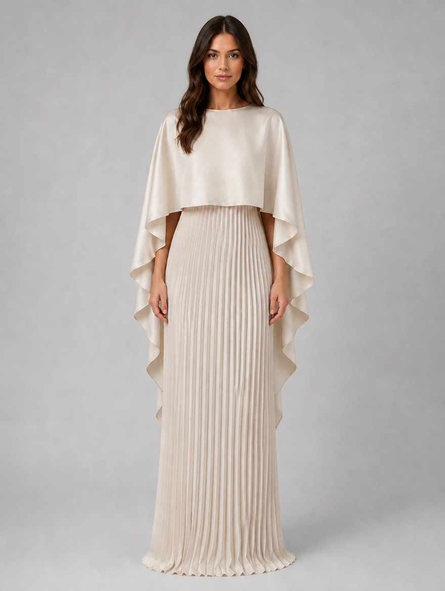 Women’s Pleated Maxi Dress with Cape Sleeves — Cream
