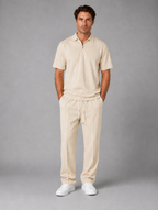 Men’s Waffle Knit Two Piece Set – Zip Neck Polo Shirt & Drawstring Trousers — Beige