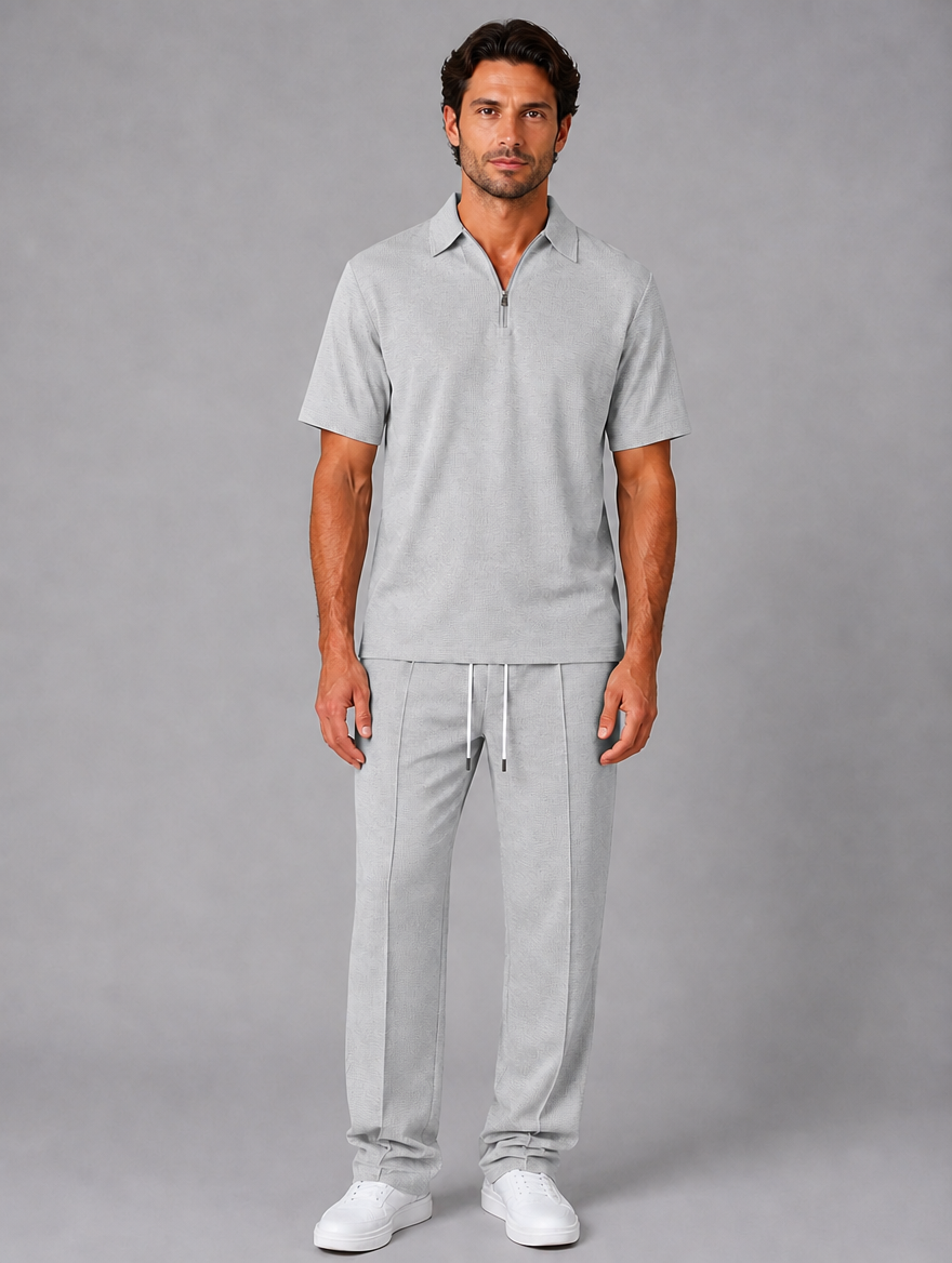 Men’s Waffle Knit Two Piece Set – Zip Neck Polo Shirt & Drawstring Trousers — Grey