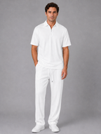 Men’s Waffle Knit Two Piece Set – Zip Neck Polo Shirt & Drawstring Trousers — White