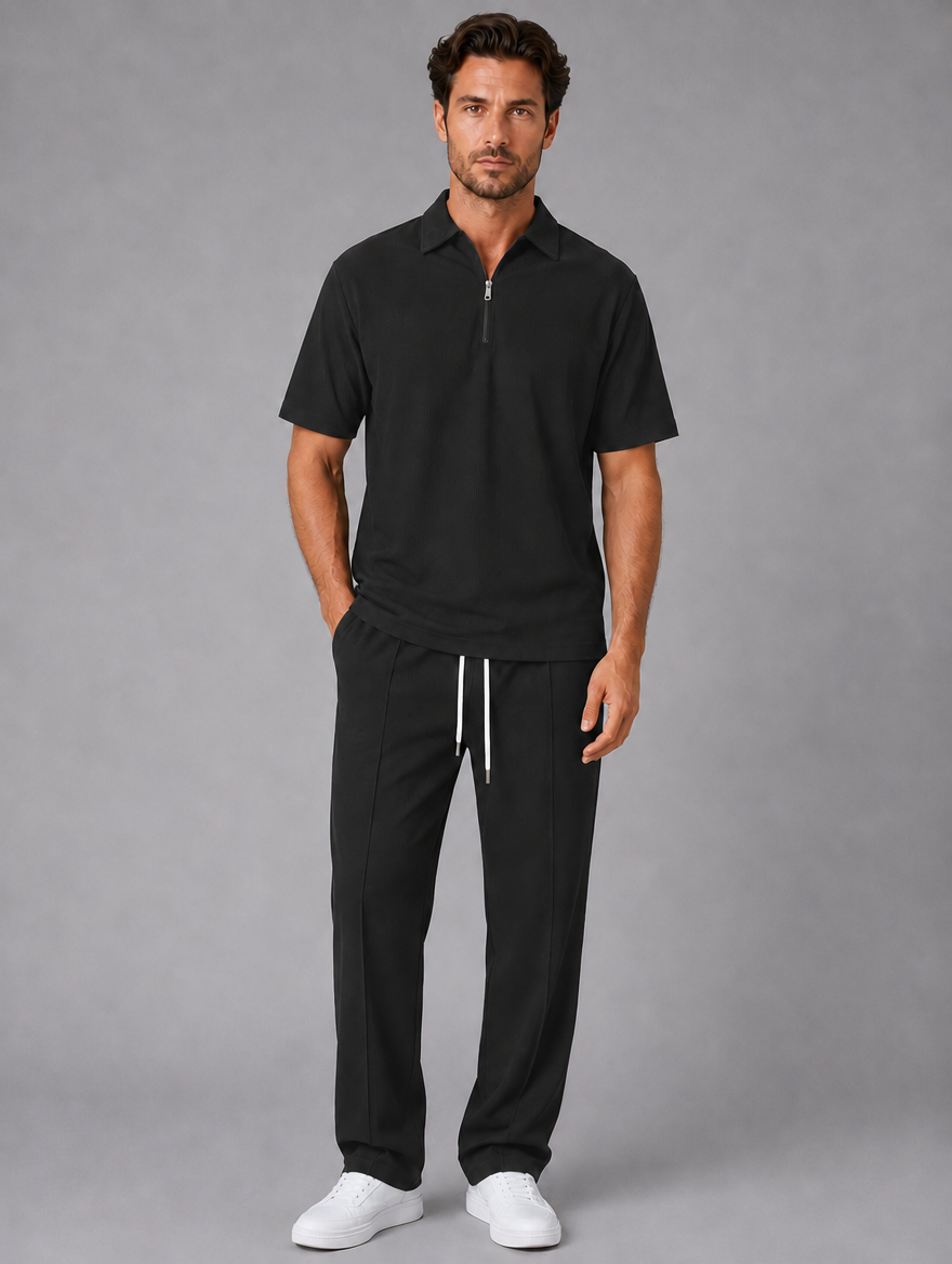 Men’s Waffle Knit Two Piece Set – Zip Neck Polo Shirt & Drawstring Trousers — Black