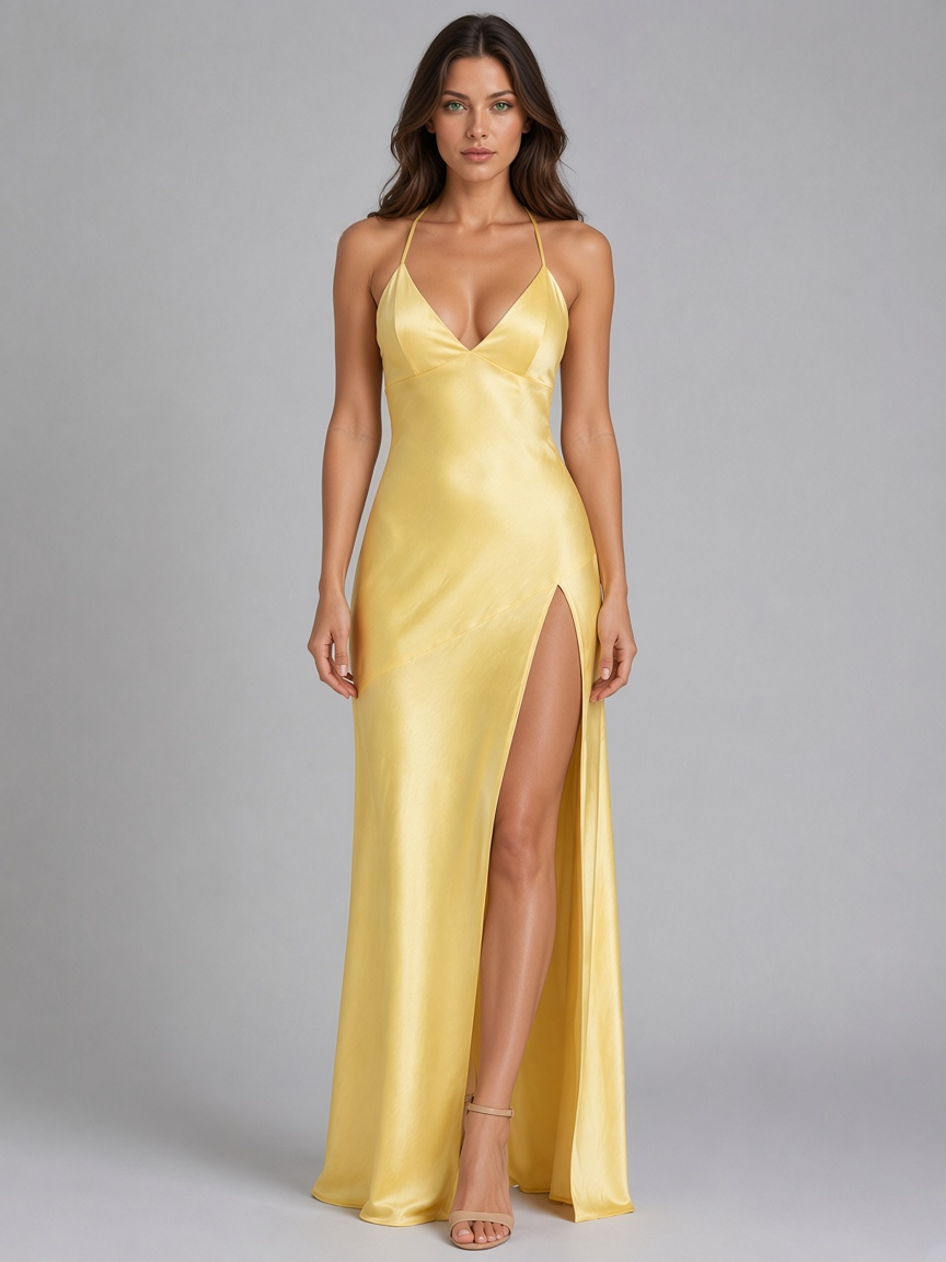 Women’s Satin Feel High Split Maxi Dress – Elegant Occasion Gown — Yellow
