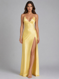 Women’s Satin Feel High Split Maxi Dress – Elegant Occasion Gown — Yellow