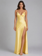 Women’s Satin Feel High Split Maxi Dress – Elegant Occasion Gown — Yellow