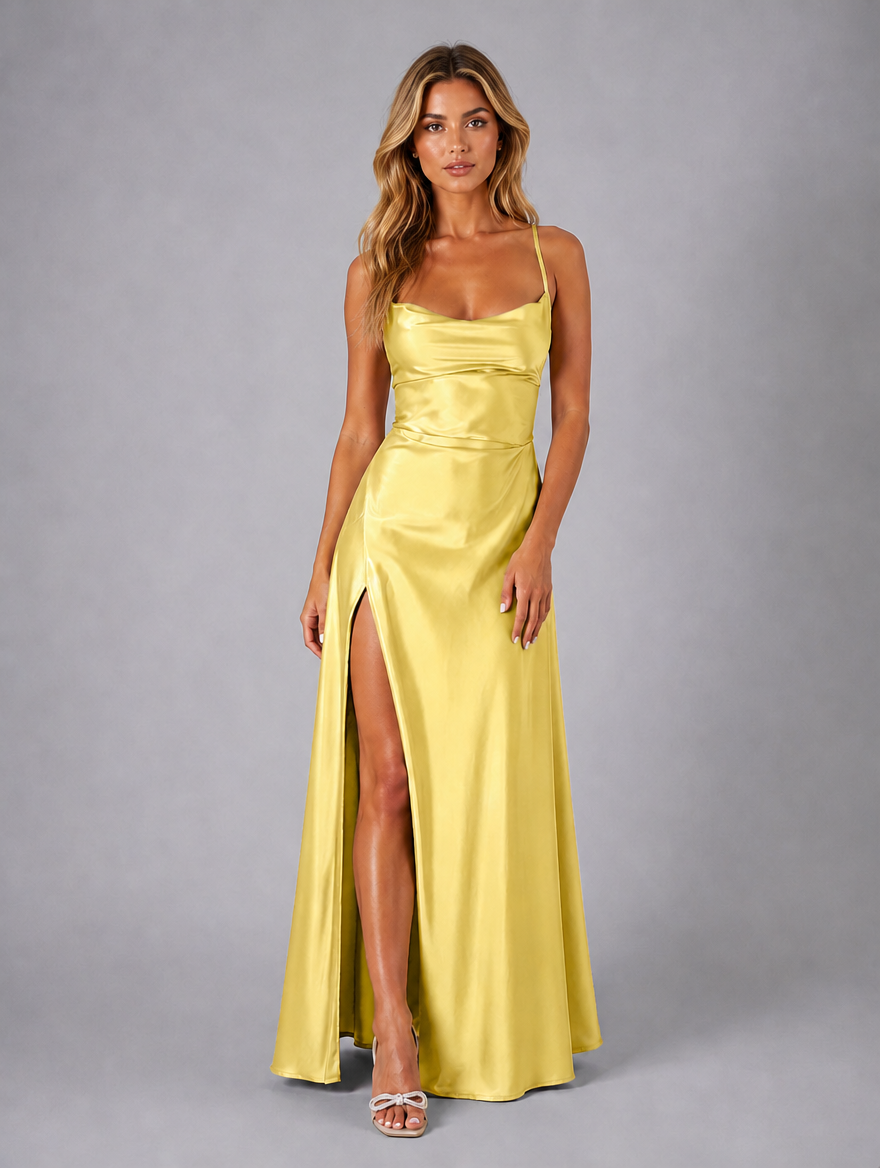 Women’s Satin Feel Cowl Neck Maxi Dress — Yellow