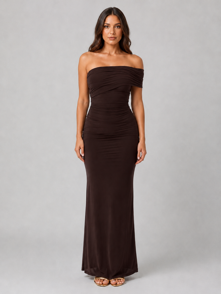 Women’s One-Shoulder Ruched Maxi Dress – Sculpted Silhouette — Dark Brown