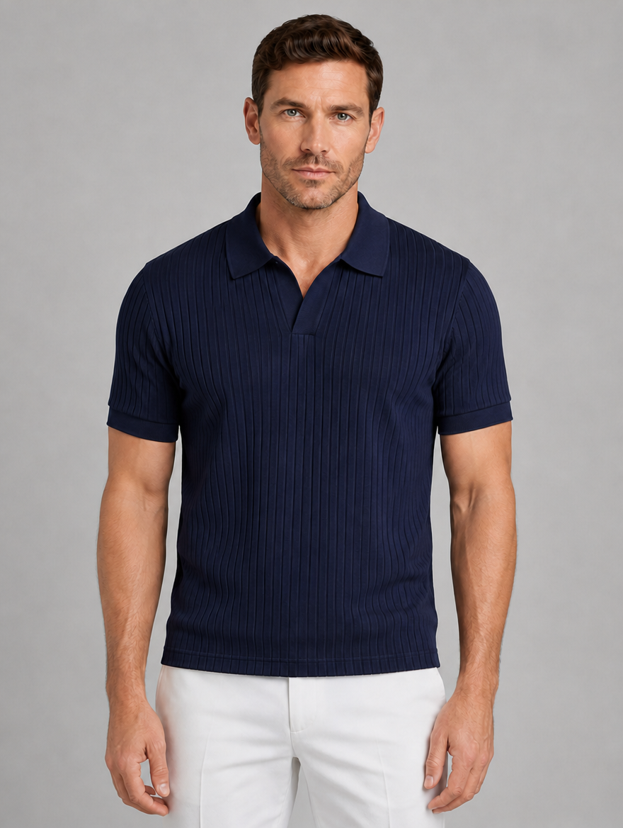 Men’s Ribbed Knit Polo Shirt — Navy