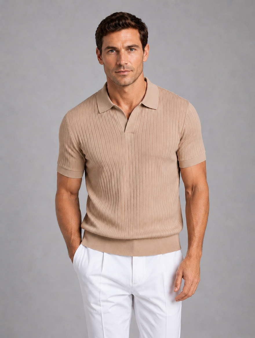 Men’s Ribbed Knit Polo Shirt — Khaki