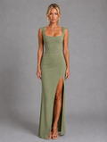 Women’s Square Neck Side Split Maxi Dress — Green