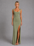 Women’s Square Neck Side Split Maxi Dress — Green