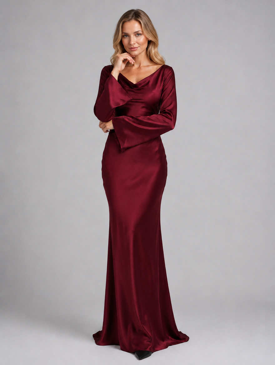 Women’s Satin Feel Long Sleeve Maxi Dress – Elegant Occasion Style — Burgundy