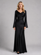 Women’s Satin Feel Long Sleeve Maxi Dress – Elegant Occasion Style — Black