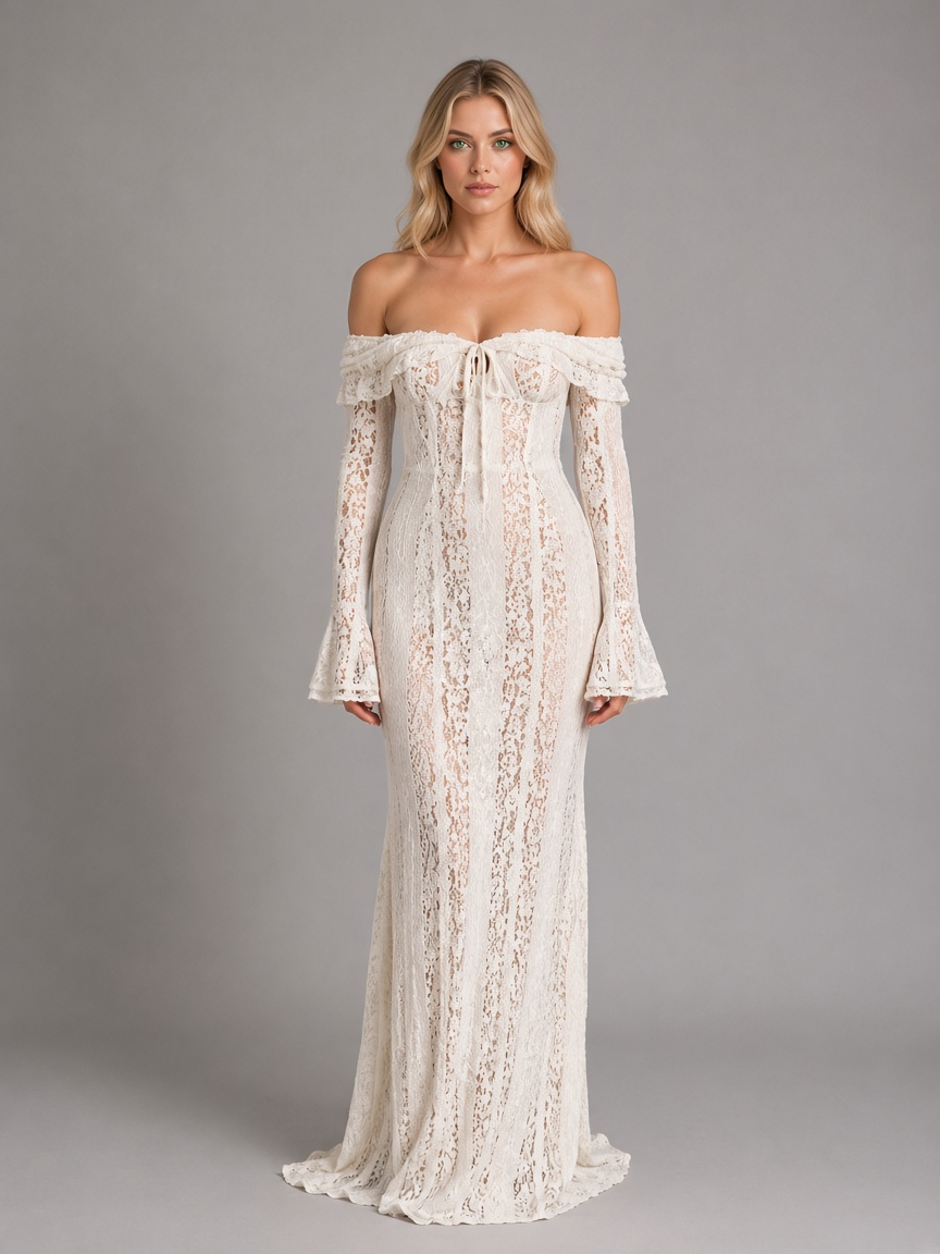 Women’s Off-Shoulder Lace Cutout Maxi Dress – Wedding Guest Style — White
