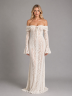 Women’s Off-Shoulder Lace Cutout Maxi Dress – Wedding Guest Style — White