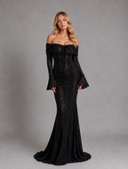 Women’s Off-Shoulder Lace Cutout Maxi Dress – Wedding Guest Style — Black