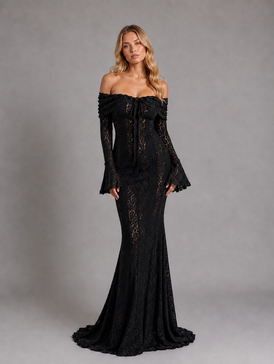 Women’s Off-Shoulder Lace Cutout Maxi Dress – Wedding Guest Style — Black