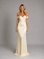 Women’s Satin Feel Off-Shoulder Maxi Dress – Evening Gown — Yellow