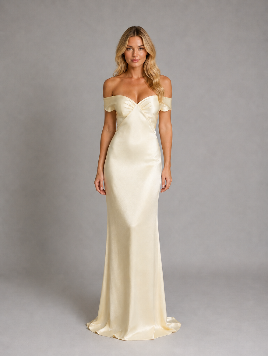 Women’s Satin Feel Off-Shoulder Maxi Dress – Evening Gown — Yellow