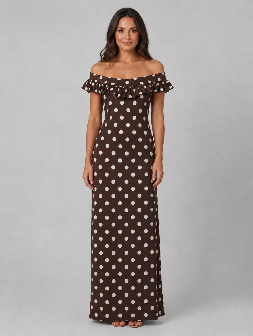 Women’s Polka Dot Maxi Dress – Off-Shoulder Ruffle Neckline — Brown