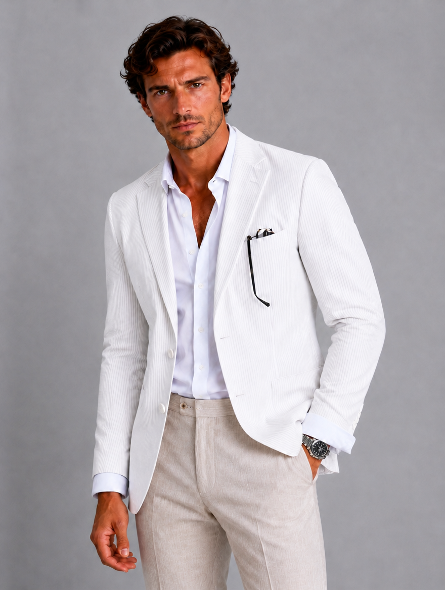 Men’s Striped Blazer – Lightweight Tailored Suit Jacket — White