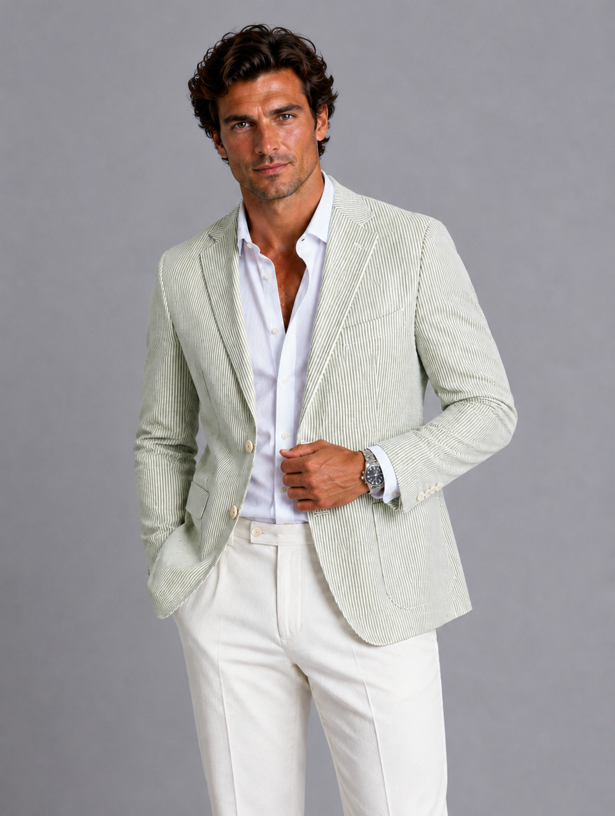 Men’s Striped Blazer – Lightweight Tailored Suit Jacket — Green