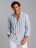 Men’s Striped Linen Look Shirt – Relaxed Summer Button-Up Style — Light Blue