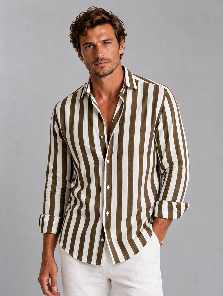 Men’s Striped Linen Look Shirt – Relaxed Summer Button-Up Style — Brown