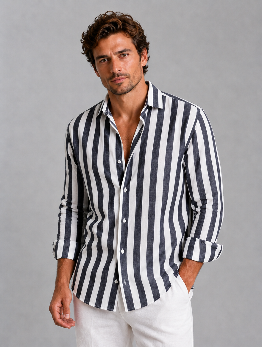 Men’s Striped Linen Look Shirt – Relaxed Summer Button-Up Style — Charcoal