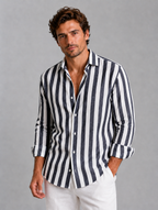 Men’s Striped Linen Look Shirt – Relaxed Summer Button-Up Style — Charcoal