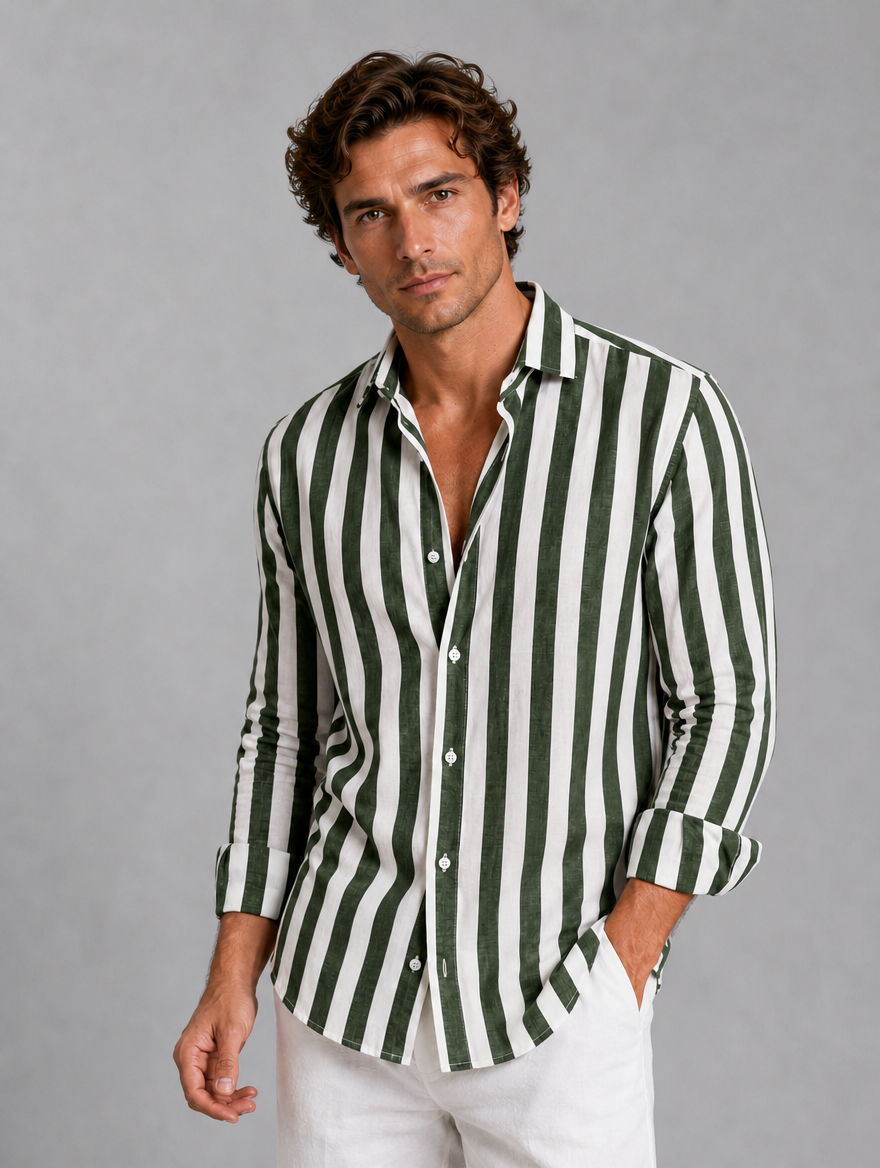Men’s Striped Linen Look Shirt – Relaxed Summer Button-Up Style — Green
