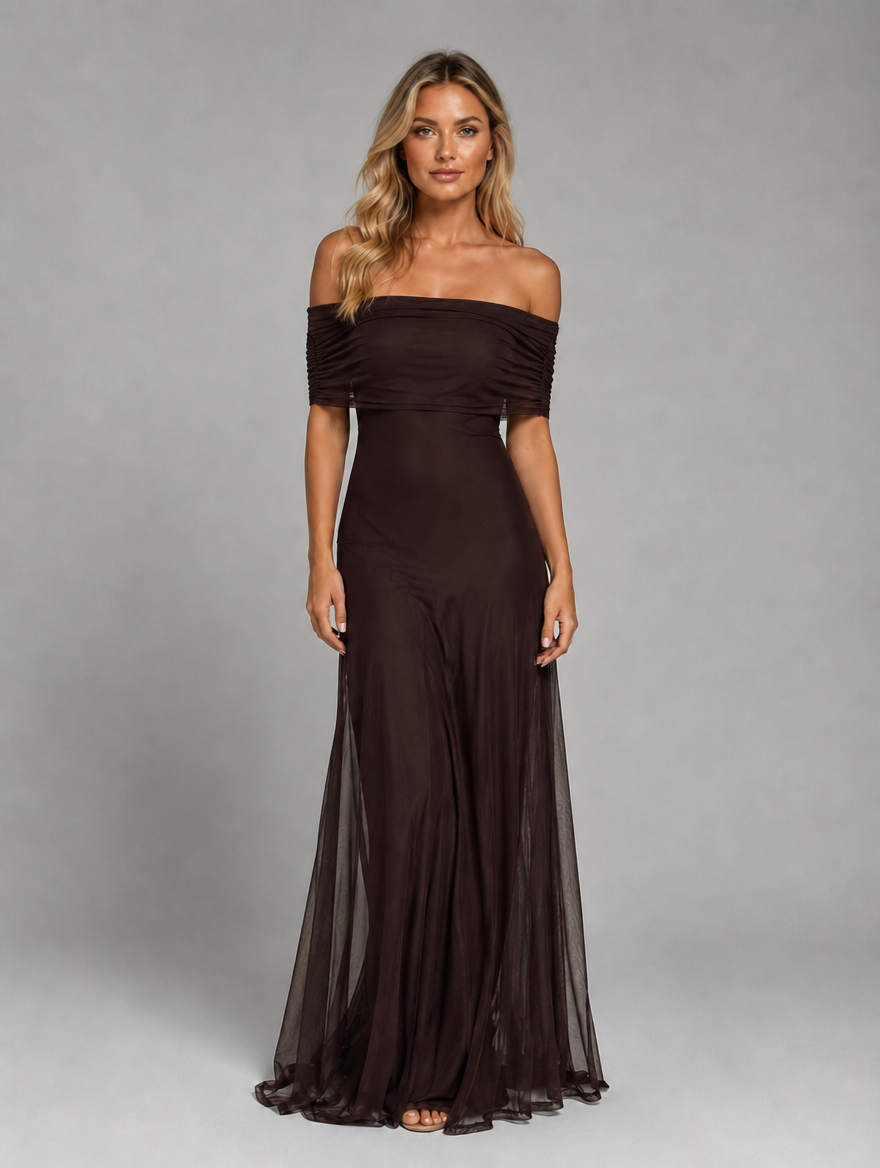 Women’s Off-Shoulder Flowy Maxi Dress – Chiffon Evening Style — Brown