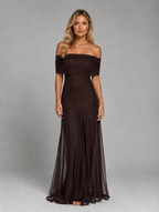 Women’s Off-Shoulder Flowy Maxi Dress – Chiffon Evening Style — Brown