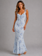 Women’s Floral Maxi Dress – Ruffle Strap Summer Style — Blue