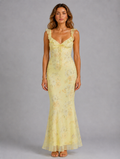 Women’s Floral Maxi Dress – Ruffle Strap Summer Style — Yellow