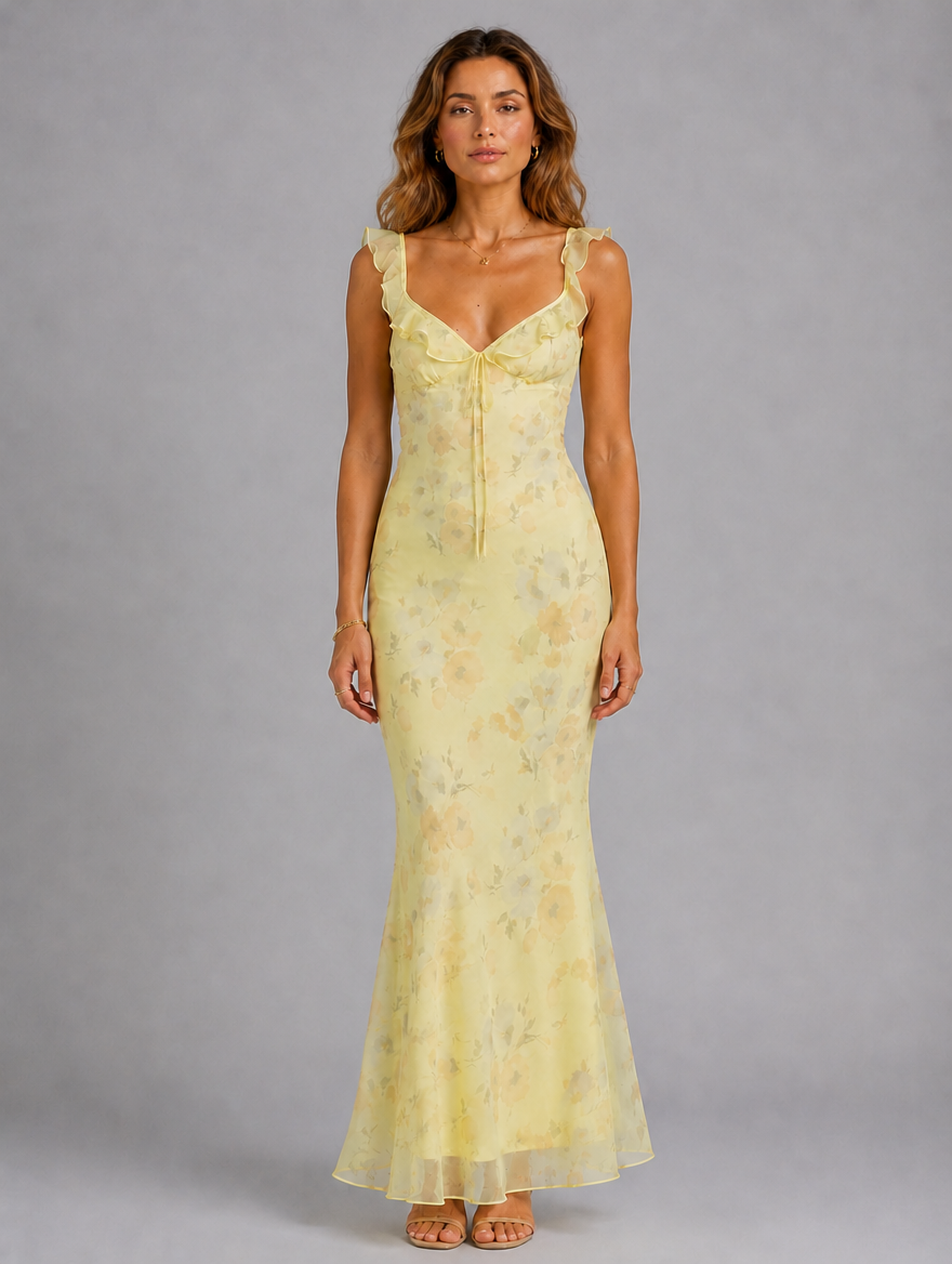 Women’s Floral Maxi Dress – Ruffle Strap Summer Style — Yellow