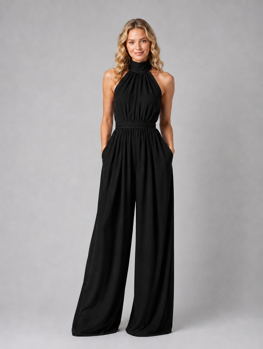 Women’s Halter Neck Wide Leg Jumpsuit – Elegant Flowing Style — Black