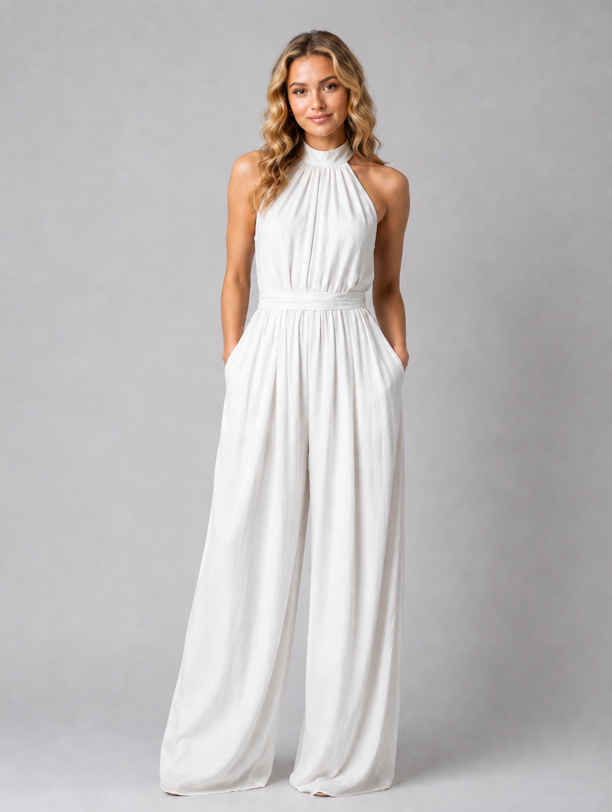 Women’s Halter Neck Wide Leg Jumpsuit – Elegant Flowing Style — White