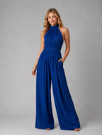 Women’s Halter Neck Wide Leg Jumpsuit – Elegant Flowing Style — Navy