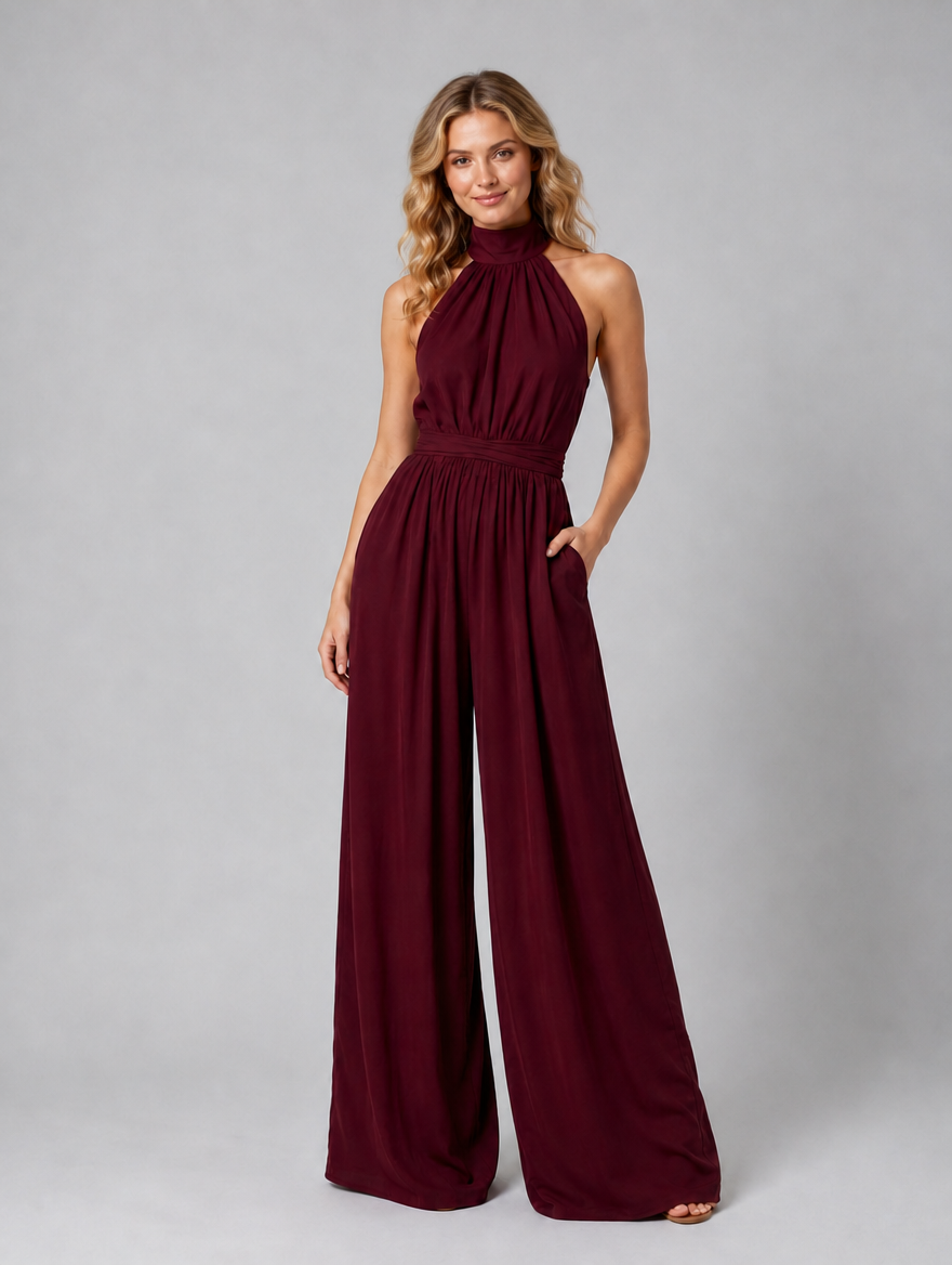 Women’s Halter Neck Wide Leg Jumpsuit – Elegant Flowing Style — Wine Red