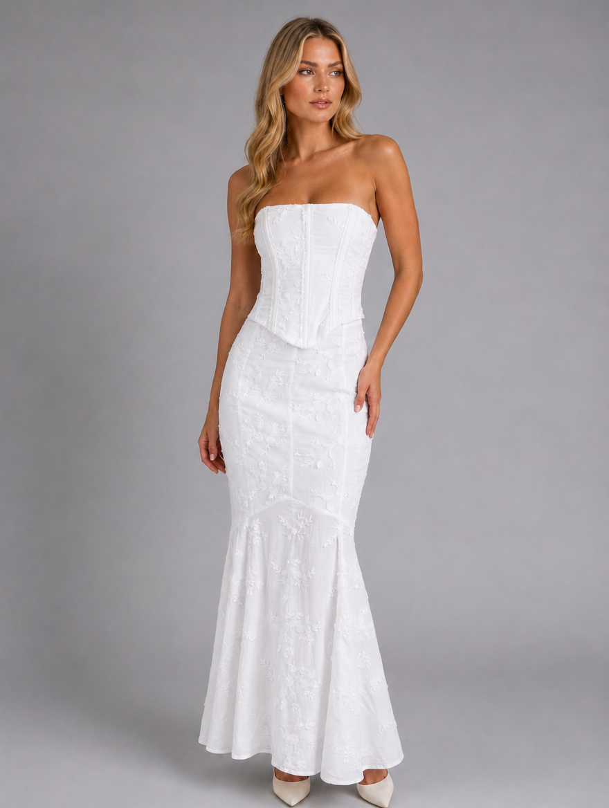Women’s Strapless Lace Maxi Dress – Sculpted Corset Style — White
