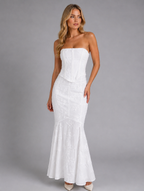 Women’s Strapless Lace Maxi Dress – Sculpted Corset Style — White