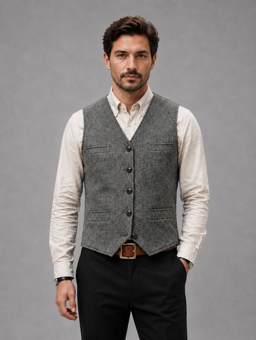 Men’s Tweed Waistcoat – Tailored Smart Casual Vest — Light Grey