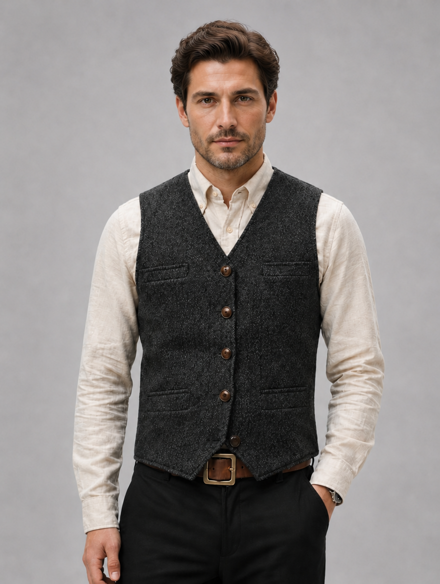 Men’s Tweed Waistcoat – Tailored Smart Casual Vest — Dark Grey