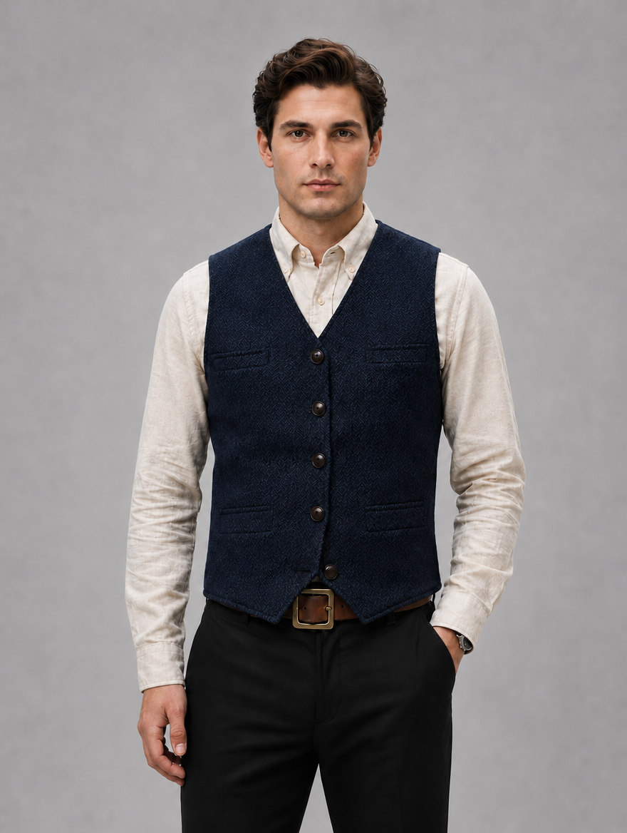 Men’s Tweed Waistcoat – Tailored Smart Casual Vest — Navy
