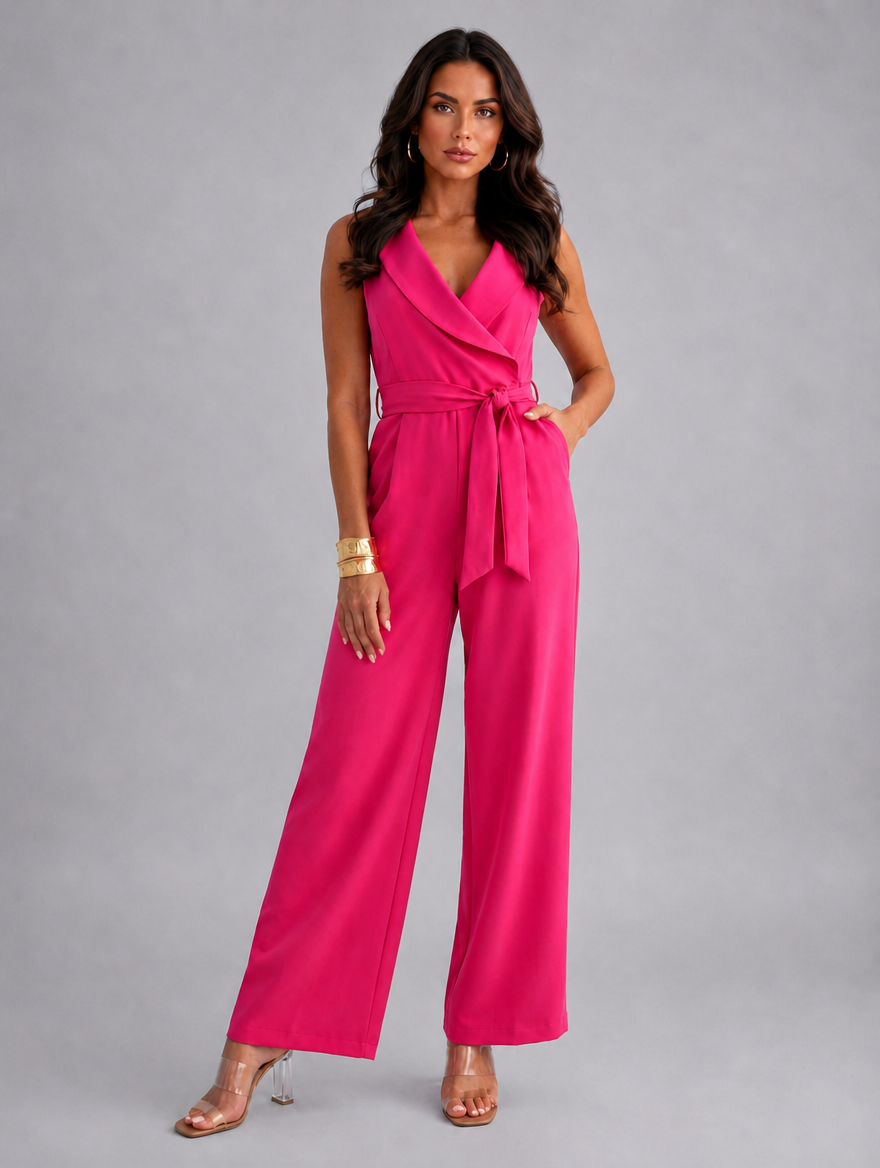 Women’s Sleeveless Wide Leg Jumpsuit – Elegant Tie Waist Style — Pink